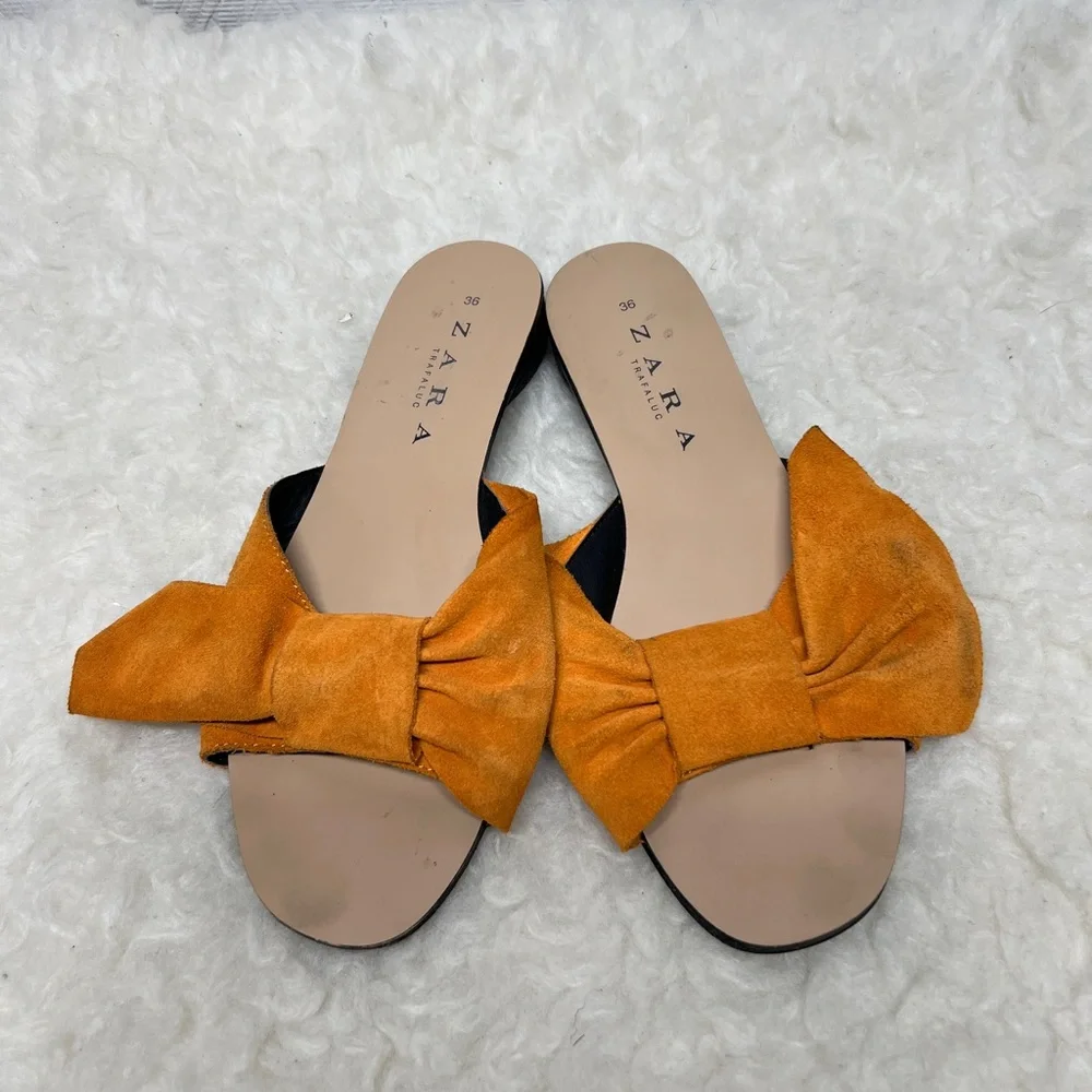 Zara Orange suede Bow slide Sandals sz 36 - Picture 8 of 8